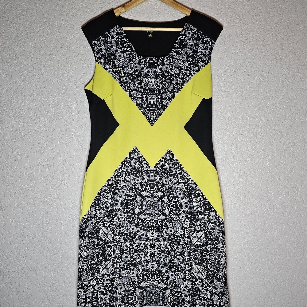 I Le New York Sheath Dress Cap Sleeveless Black Green Geometric Side Zip